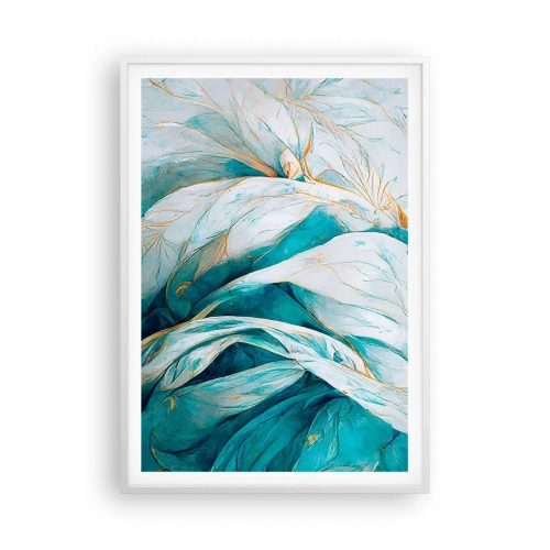 Poster in een witte lijst - Blauwe abstractie met een gouden motief - 70x100 cm