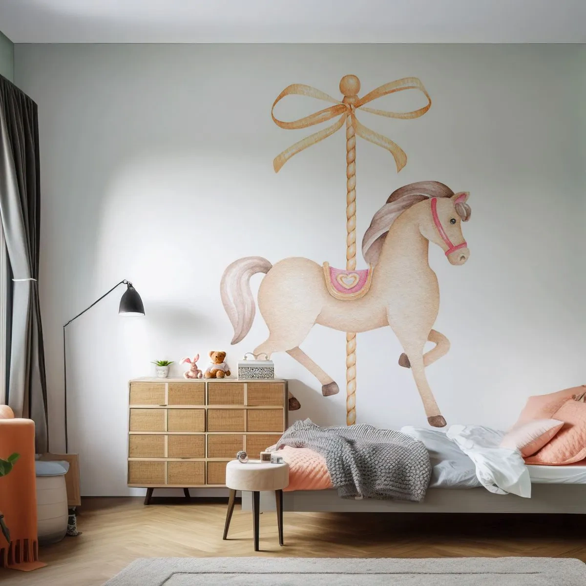 Fotobehang Premium Sand - Een sierlijke draf - Paard, Draaimolen, Meisjesachtig - 100x70 cm