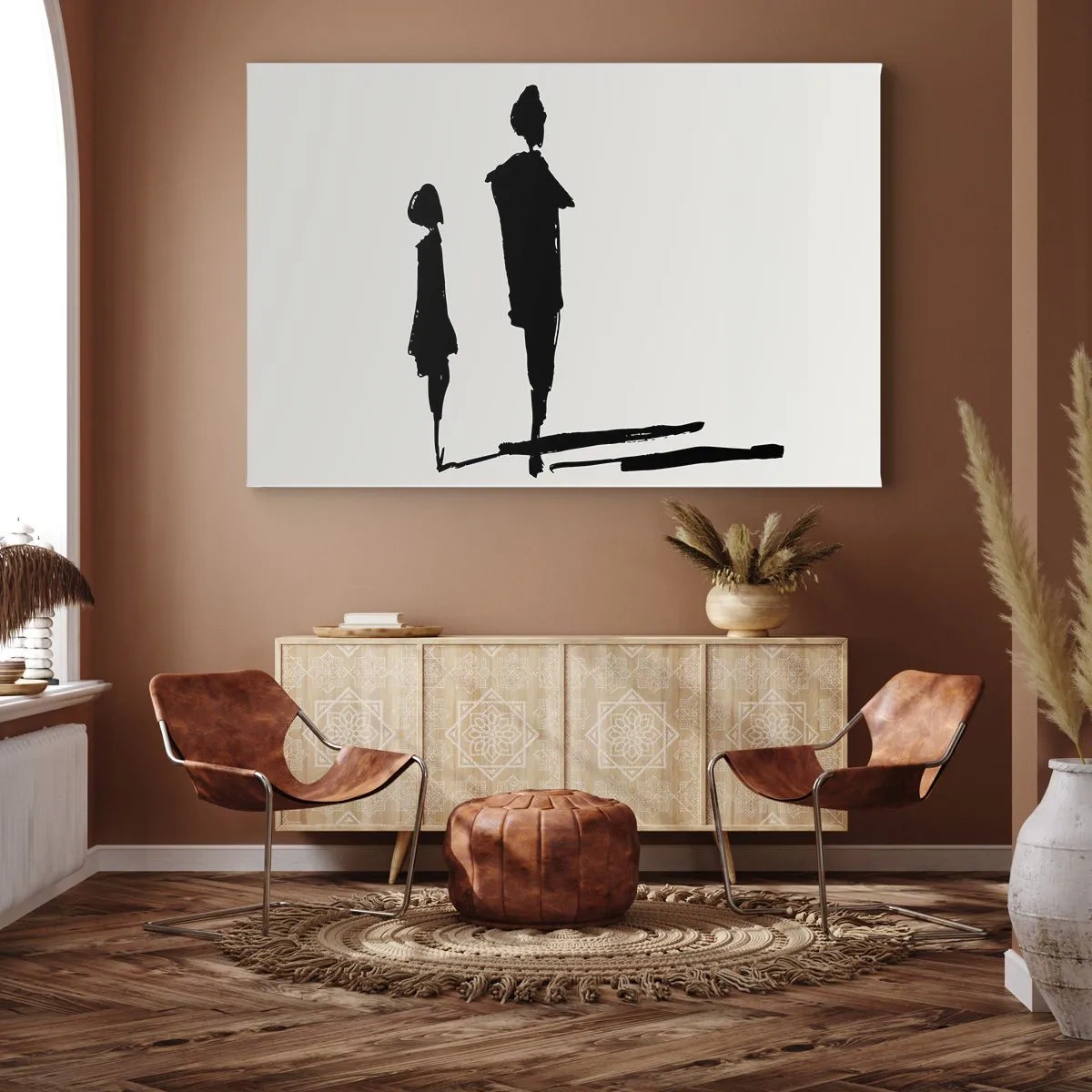 Schilderen op canvas - Silhouetten van twee mensen in het zwart op een lichte achtergrond - 70x50cm - Zeker samen? - Moderne wanddecoratie voor woonkamer en slaapkamer ARTTOR