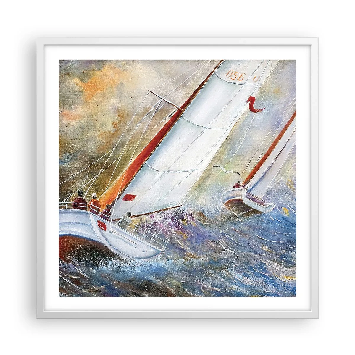 Poster in een witte lijst - Lopend op de golven  - 60x60 cm