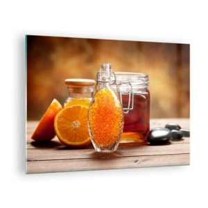 Schilderen op glas - Een fles olie en een sinaasappel op een houten tafel - 70x50cm - Zonnige smaken en aroma's - Moderne wanddecoratie voor woonkamer en slaapkamer ARTTOR