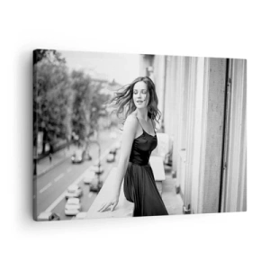 Schilderen op canvas - Zwart-witfoto van een vrouw op een balkon - 70x50cm - Zeker een Parijzenaar - Moderne wanddecoratie voor woonkamer en slaapkamer ARTTOR