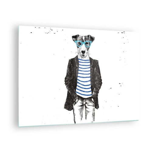 Schilderen op glas - Illustratie van een hond met een matrozenhemd en een bril op een witte achtergrond - 70x50cm - God behoed! - Moderne wanddecoratie voor woonkamer en slaapkamer ARTTOR
