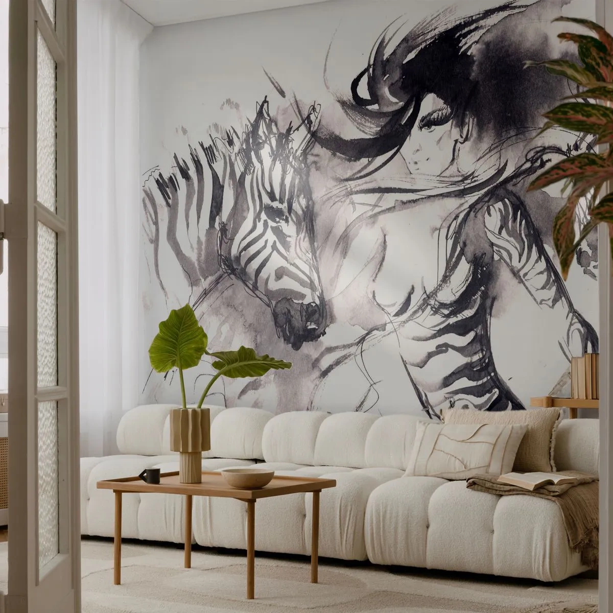 Fotobehang Premium Canvas - Dansend met de zebra's - Abstractie, Vrouw, Ribben - 500x350 cm