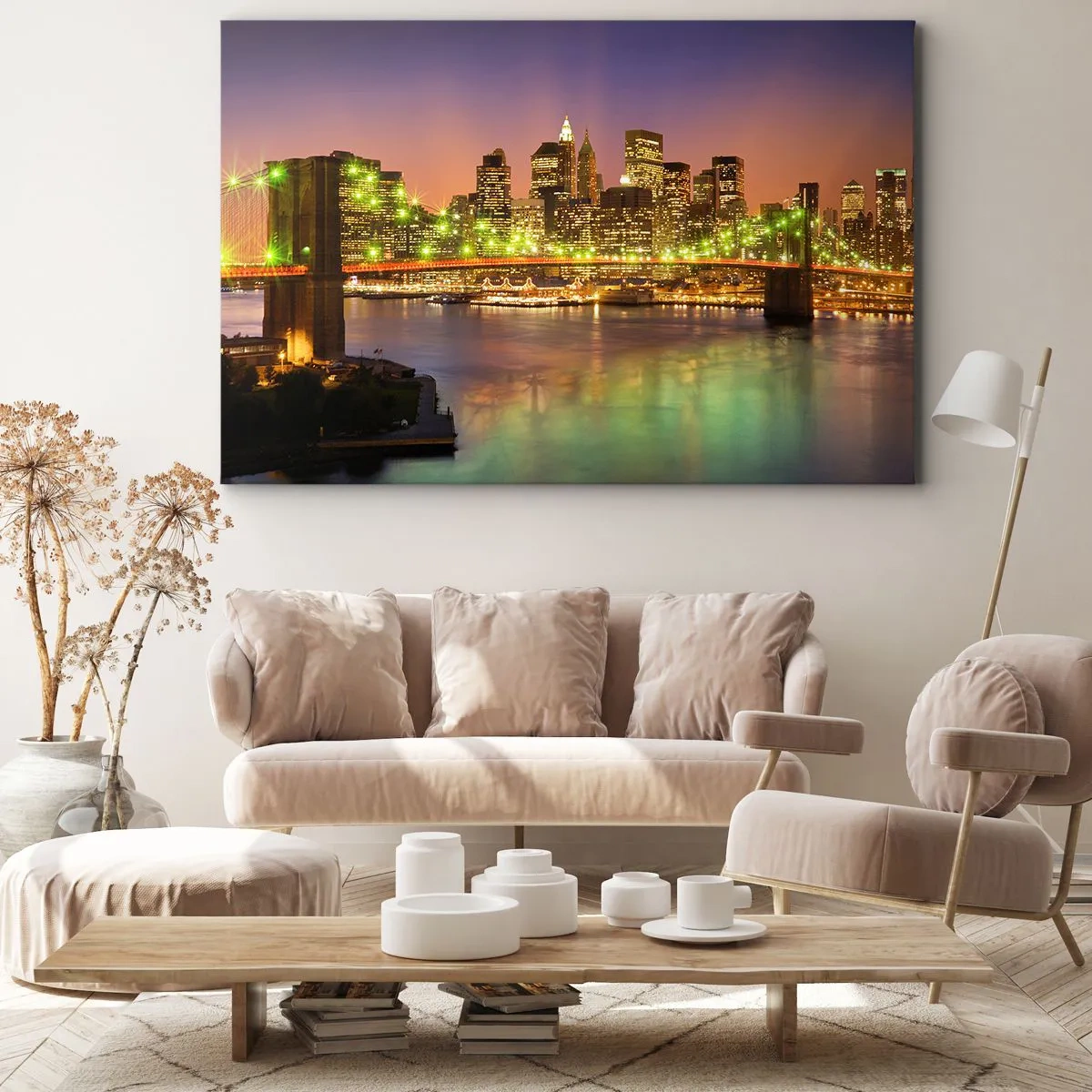 Schilderen op canvas - Verlichte brug in een moderne stad 's nachts - 70x50cm - Het licht gaat hier nooit uit - Moderne wanddecoratie voor woonkamer en slaapkamer ARTTOR