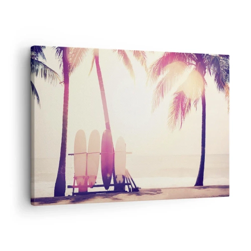 Schilderen op canvas - Palmbomen en surfplanken op het strand in de zon - 70x50cm - Het wordt een geweldige dag - Moderne wanddecoratie voor woonkamer en slaapkamer ARTTOR