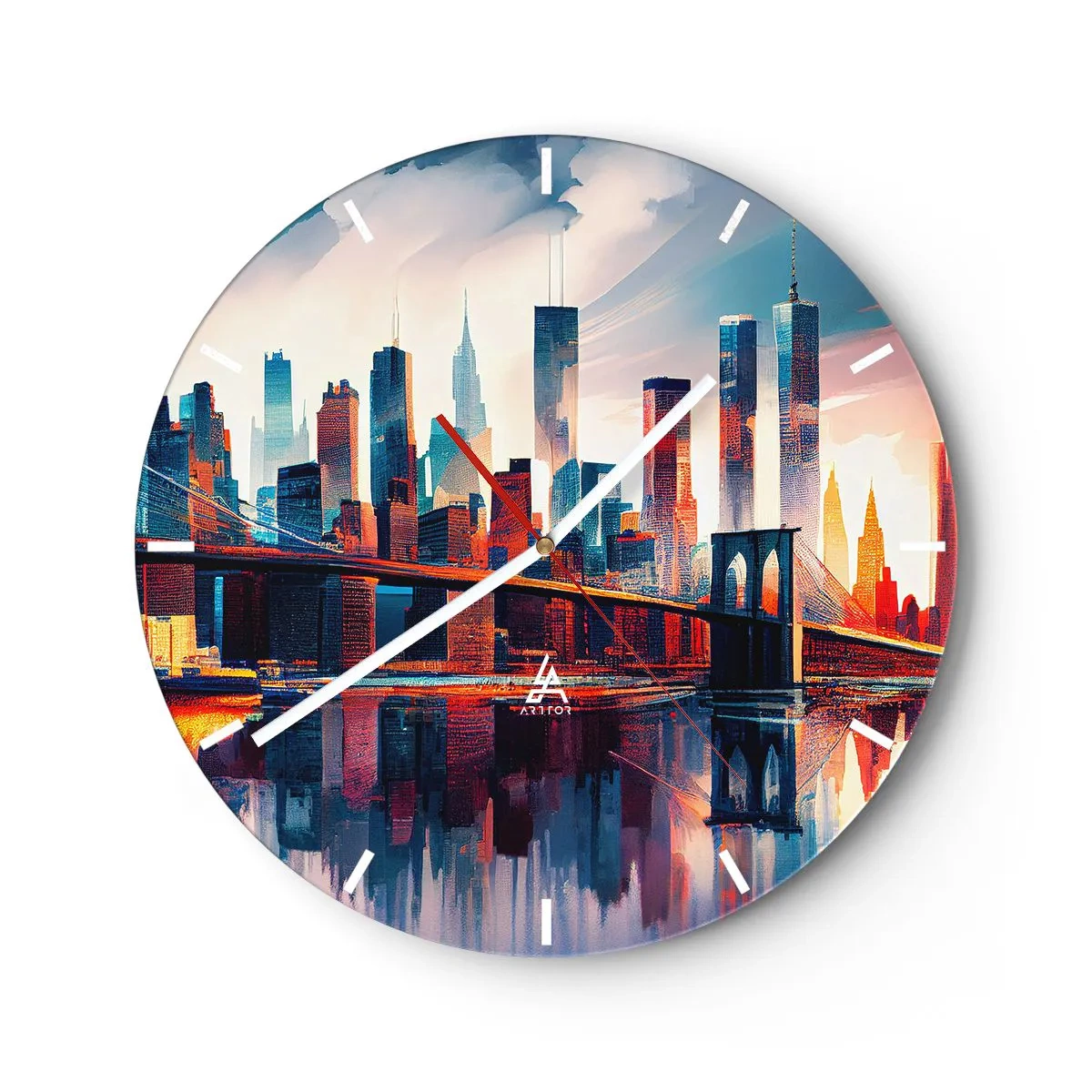 Wandklok - Klok - Skyline van New York City met brug en weerspiegeling in het water bij zonsondergang - 30x30cm - Een droomachtig New York - Moderne wanddecoratie voor woonkamer, keuken en slaapkamer ARTTOR