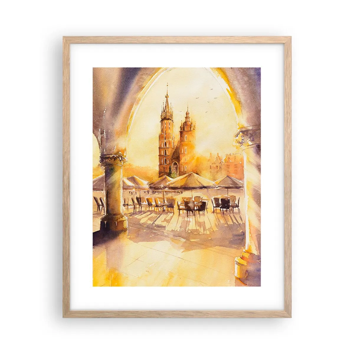 Een poster in een licht eiken lijst - Zonsopgang boven het marktplein van Krakau - 40x50 cm
