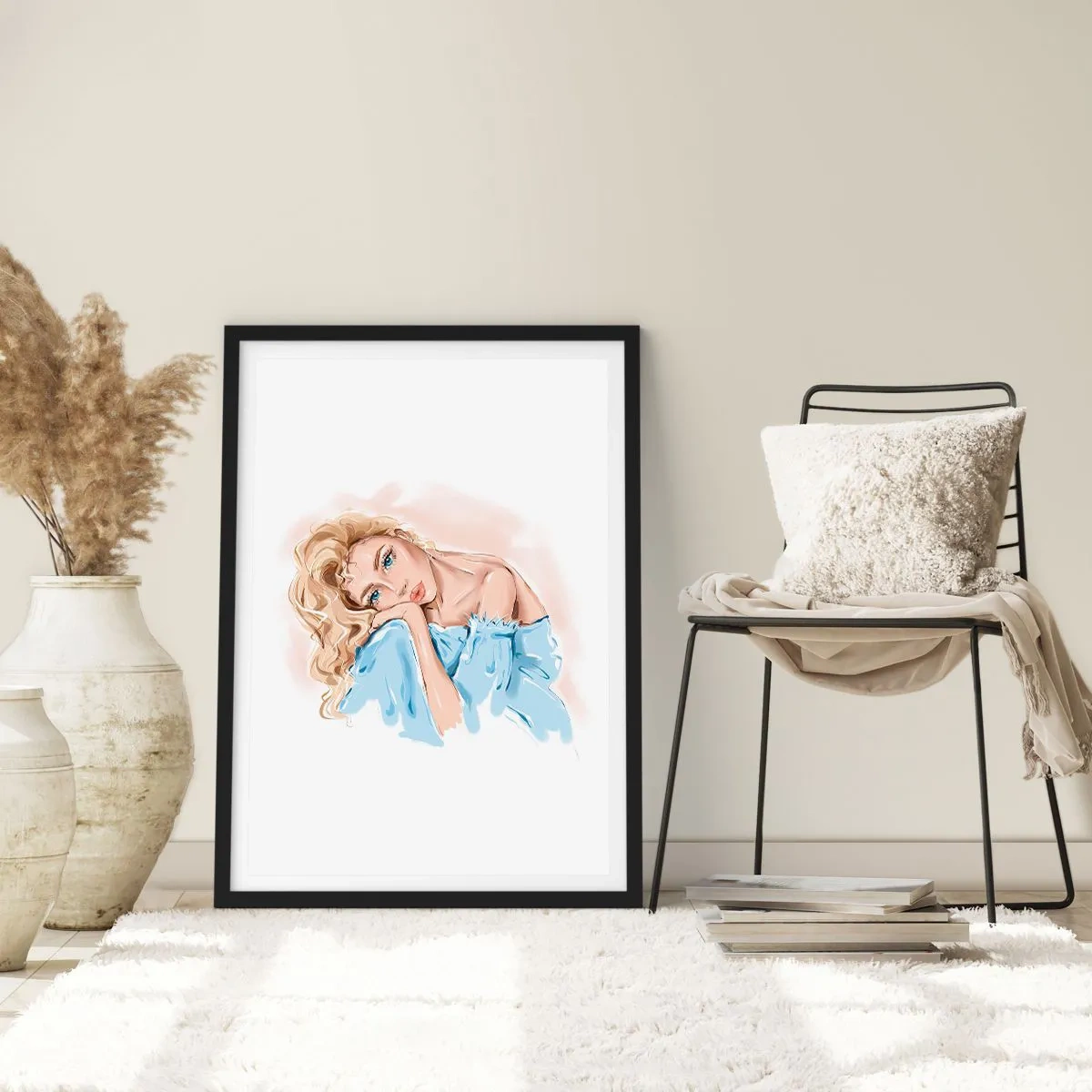 Poster in een zwarte lijst - Een subtiel portret van een vrouw in delicate kleuren - 50x70cm - Dromerig in het blauw - Moderne wanddecoratie voor woonkamer en slaapkamer ARTTOR