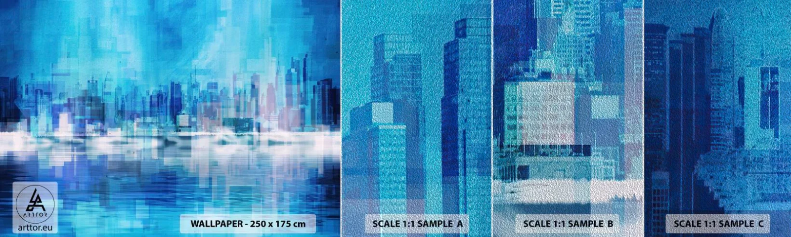 Fotobehang Monster Premium Sand - Verdronken in het blauw - Abstractie, Stad, Architectuur - 100x30 cm