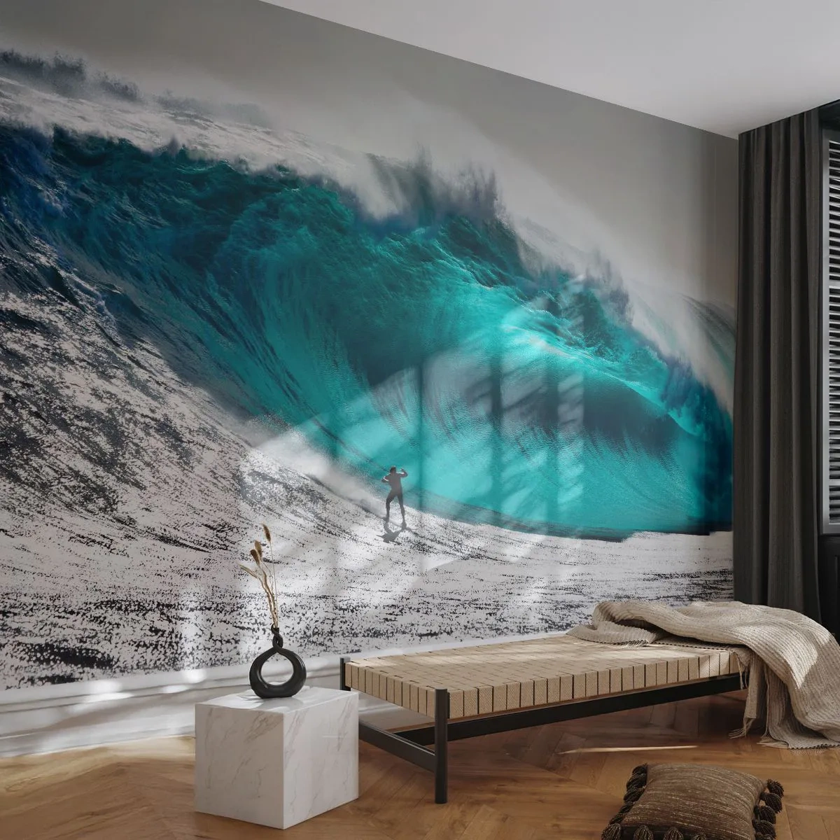 Fotobehang Premium Sand - Uitdaging aanvaard - Surfen, Hoge golf, Surfer - 100x70 cm