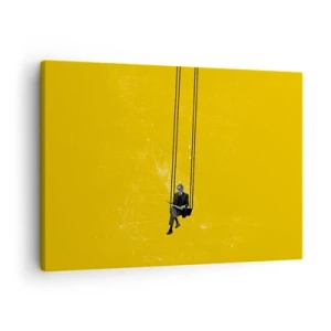 Schilderen op canvas - Een persoon op een schommel tegen een achtergrond van intens geel - 70x50cm - Dag als iedere dag - Moderne wanddecoratie voor woonkamer en slaapkamer ARTTOR