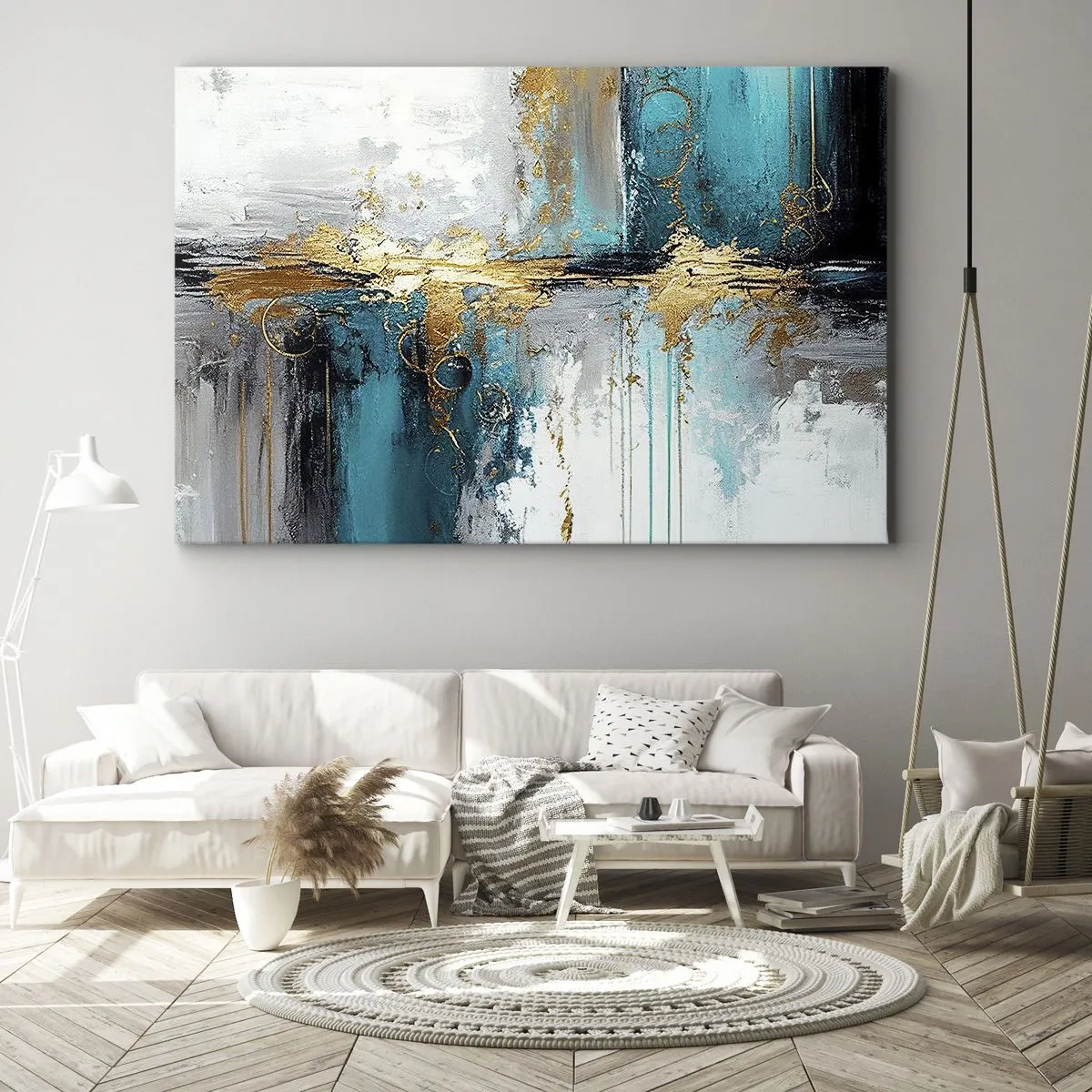 Schilderen op canvas - Een abstracte compositie met turquoise en gouden accenten. - 70x50cm - Alles vloeit - Moderne wanddecoratie voor woonkamer en slaapkamer ARTTOR