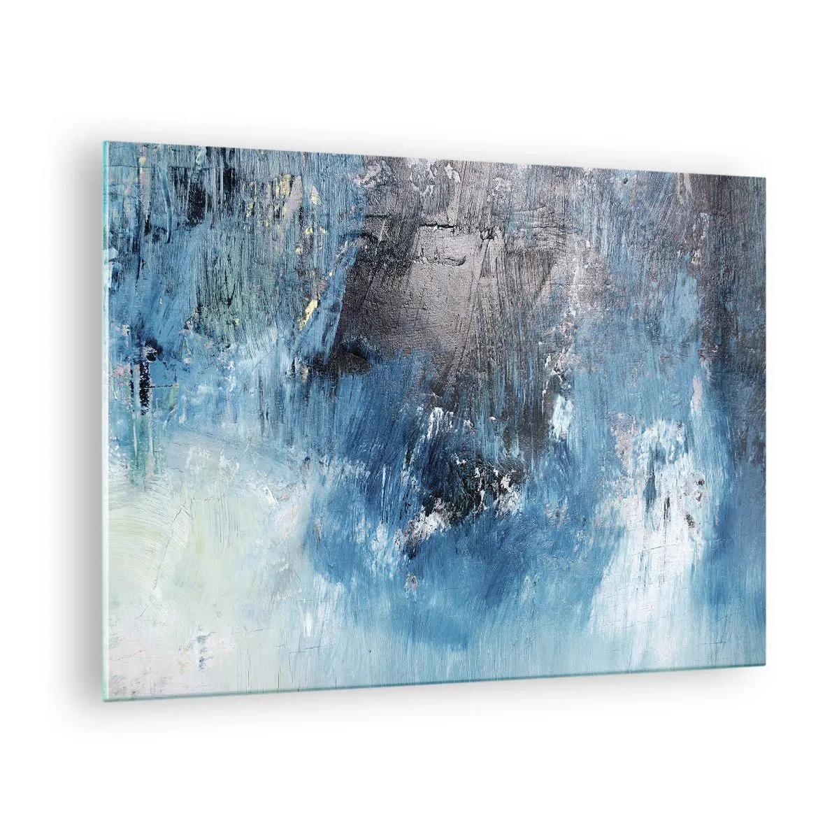 Schilderen op glas - Abstracte compositie in tinten blauw - 70x50cm - Rhapsody in Blauw - Moderne wanddecoratie voor woonkamer en slaapkamer ARTTOR