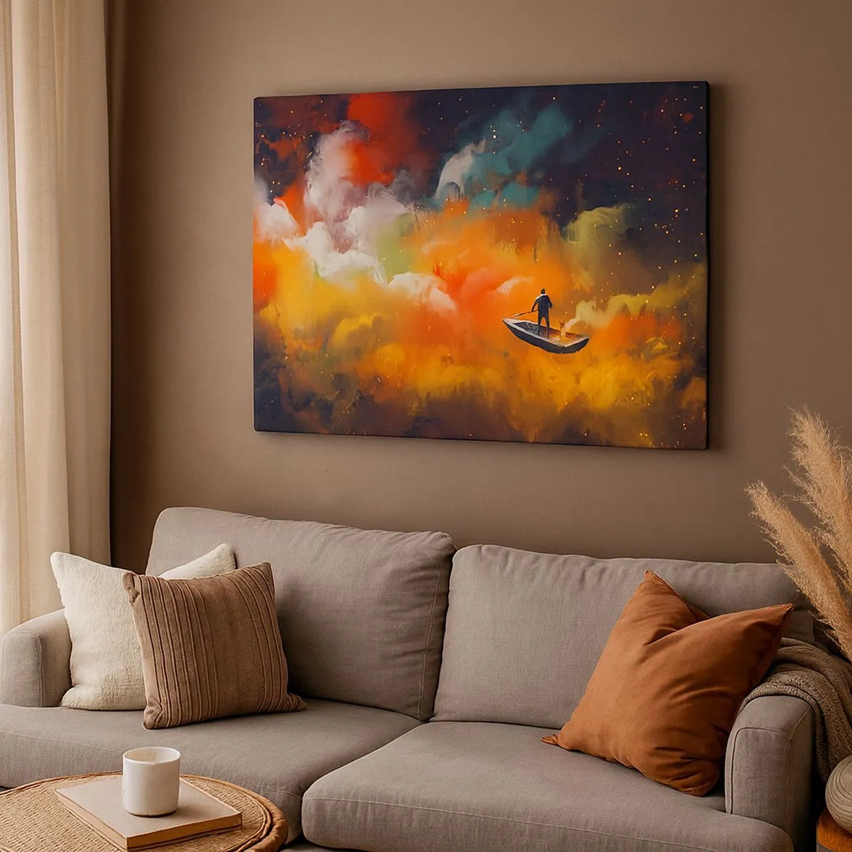 Schilderen op canvas - Een figuur in een boot tegen een achtergrond van kleurrijke wolken - 70x50cm - Met de boot door de sterrenstelsel - Moderne wanddecoratie voor woonkamer en slaapkamer ARTTOR