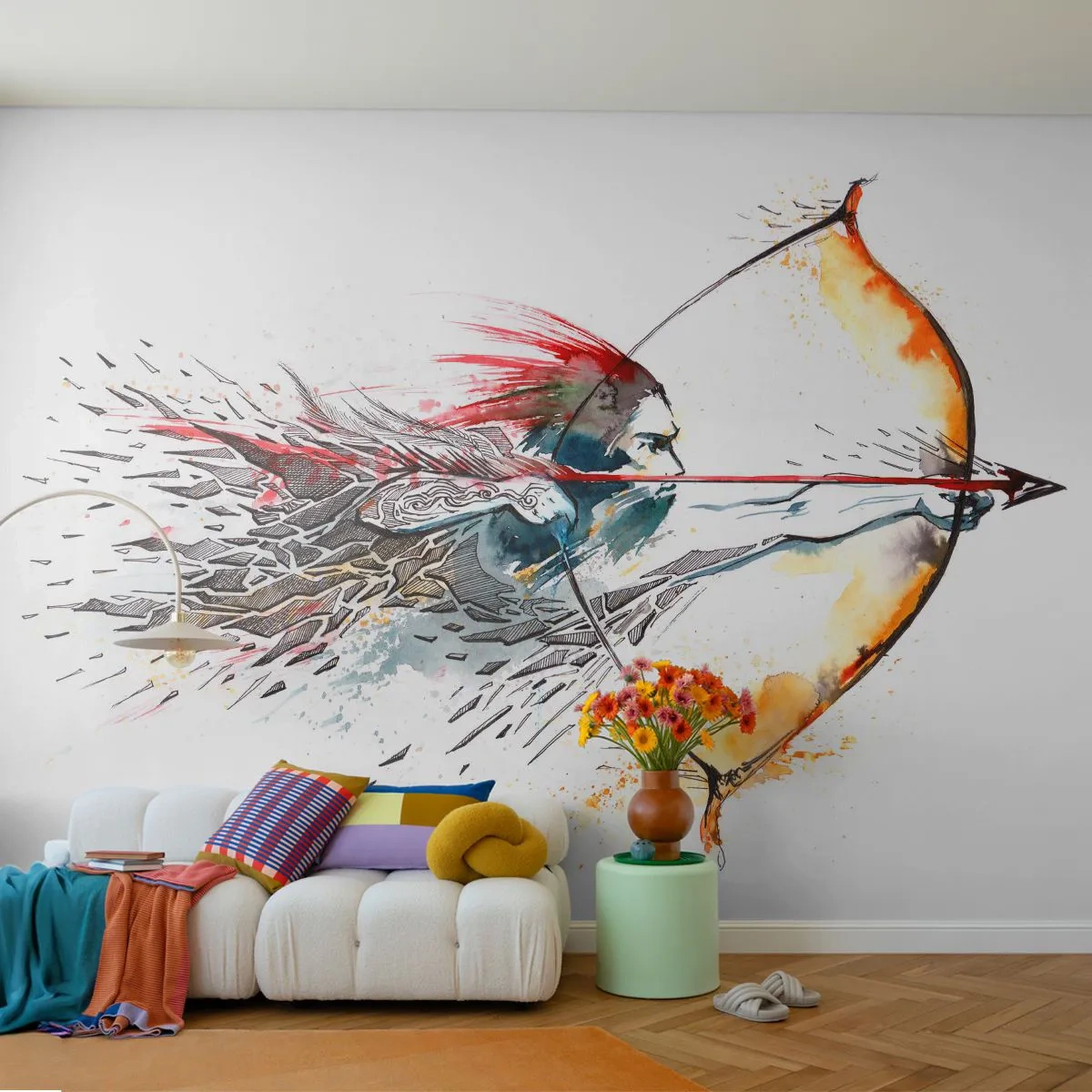 Fotobehang Standard Eco - Mythische krijger met een vurige boog - Abstractie, Schutter, Boogschot - 200x140 cm