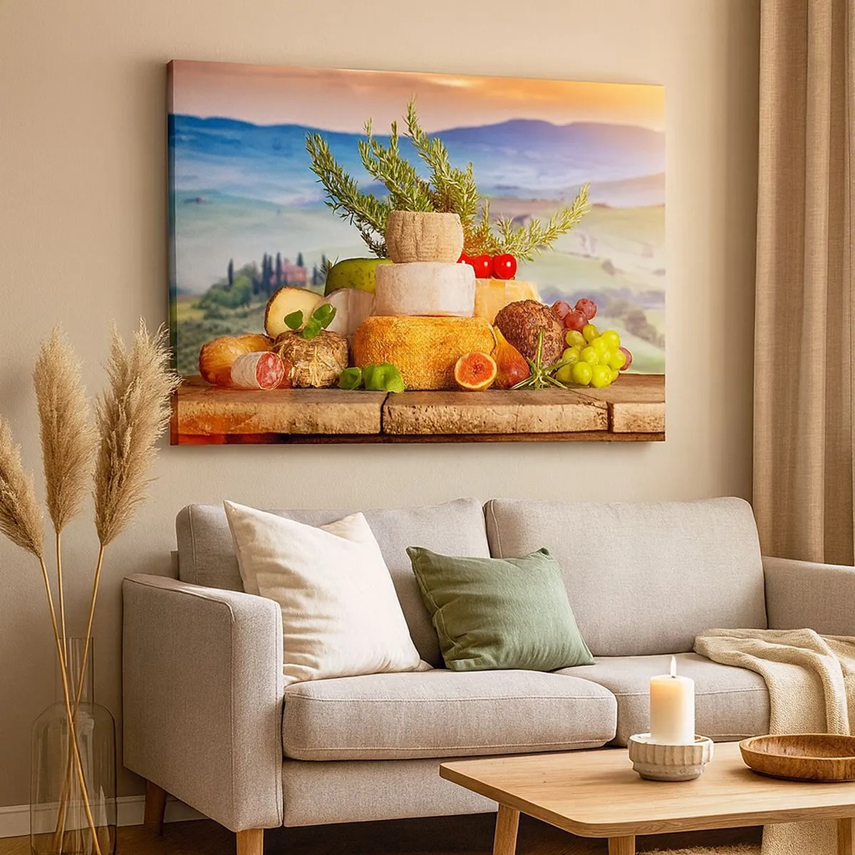 Schilderen op canvas - Een compositie van kazen en fruit tegen de achtergrond van het Toscaanse landschap - 70x50cm - De Italiaanse levensvreugde - Moderne wanddecoratie voor woonkamer en slaapkamer ARTTOR