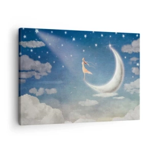 Schilderen op canvas - Een vrouw in de maan omringd door sterren en wolken - 70x50cm - Blauwe verleidster - Moderne wanddecoratie voor woonkamer en slaapkamer ARTTOR