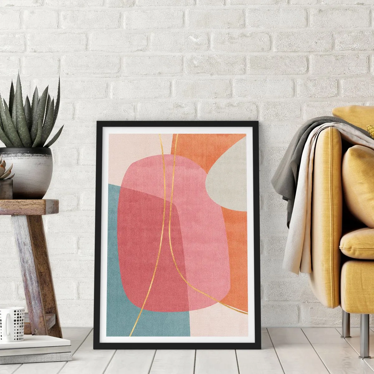 Poster in een zwarte lijst - Kleurrijke abstractie met geometrische vormen en gouden lijnen - 50x70cm - Pastelkleurcompositie met gouddraad - Moderne wanddecoratie voor woonkamer en slaapkamer ARTTOR