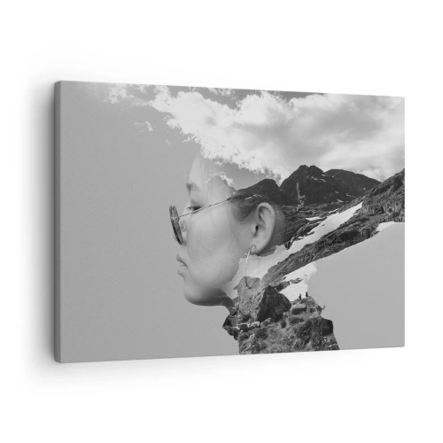 Schilderen op canvas - Een zwart-witcompositie met het silhouet van een vrouw en een berglandschap. - 70x50cm - Top en bewolkt portret - Moderne wanddecoratie voor woonkamer en slaapkamer ARTTOR