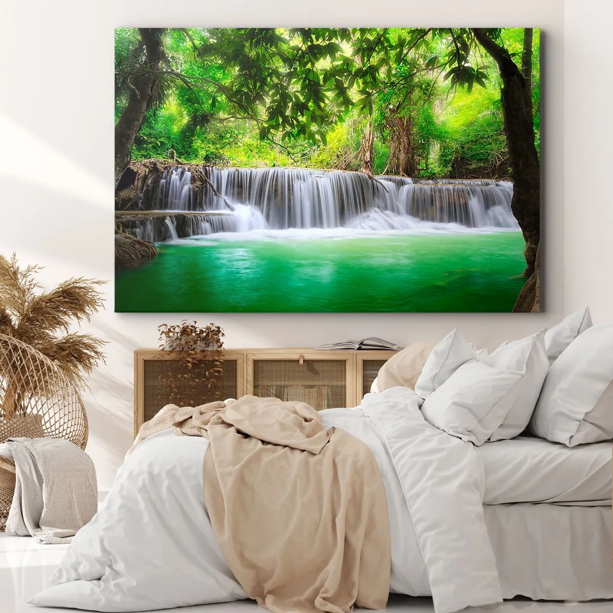 Schilderen op canvas - Een waterval in het groen - 100x70 cm