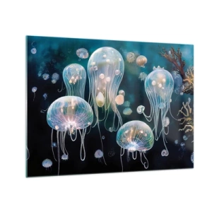 Schilderen op glas - Kwallen in de lichtgevende dans van de onderwaterwereld - 70x50cm - Ondferwaterbal - Moderne wanddecoratie voor woonkamer en slaapkamer ARTTOR