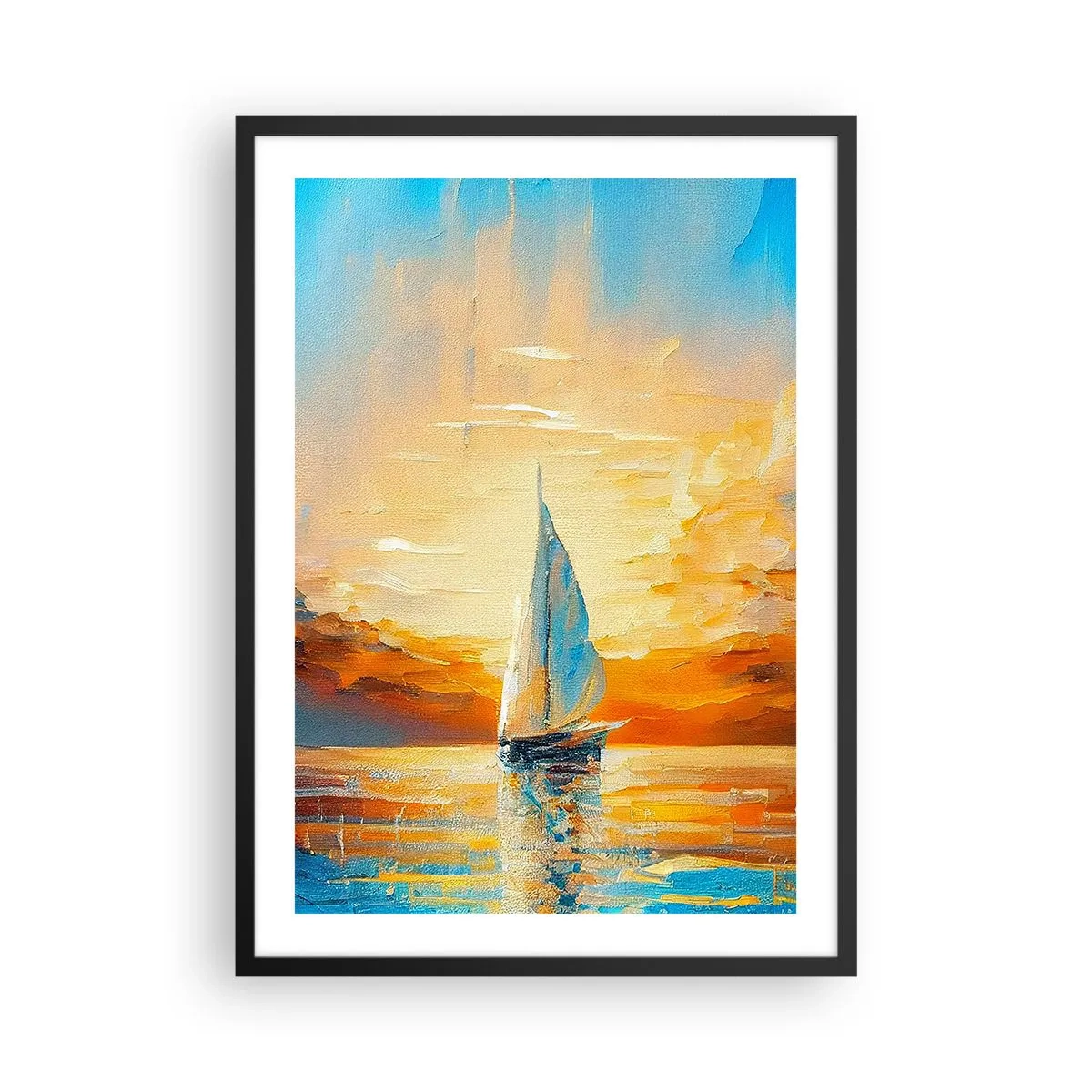 Poster in een zwarte lijst - Een zeilboot tegen de achtergrond van een gouden zonsondergang - 50x70cm - Zeilen in goud - Moderne wanddecoratie voor woonkamer en slaapkamer ARTTOR