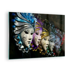 Schilderen op glas - Kleurrijke Venetiaanse maskers op een rij - 70x50cm - Mysterie in goud en zilver - Moderne wanddecoratie voor woonkamer en slaapkamer ARTTOR