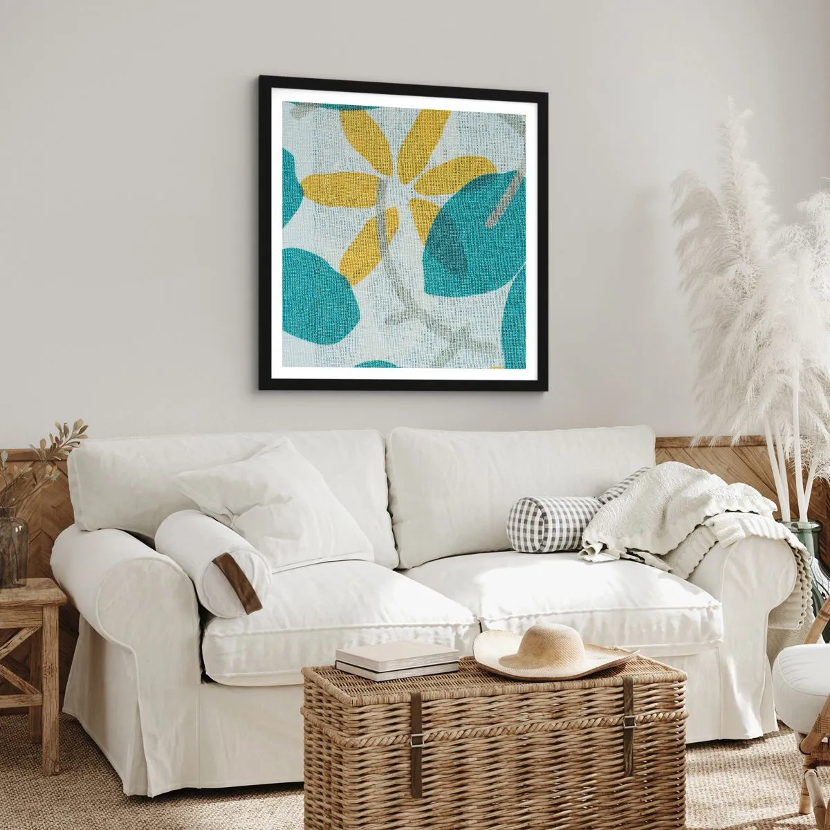 Poster in een zwarte lijst - Tussen de azuurblauwe bladeren - 60x60 cm