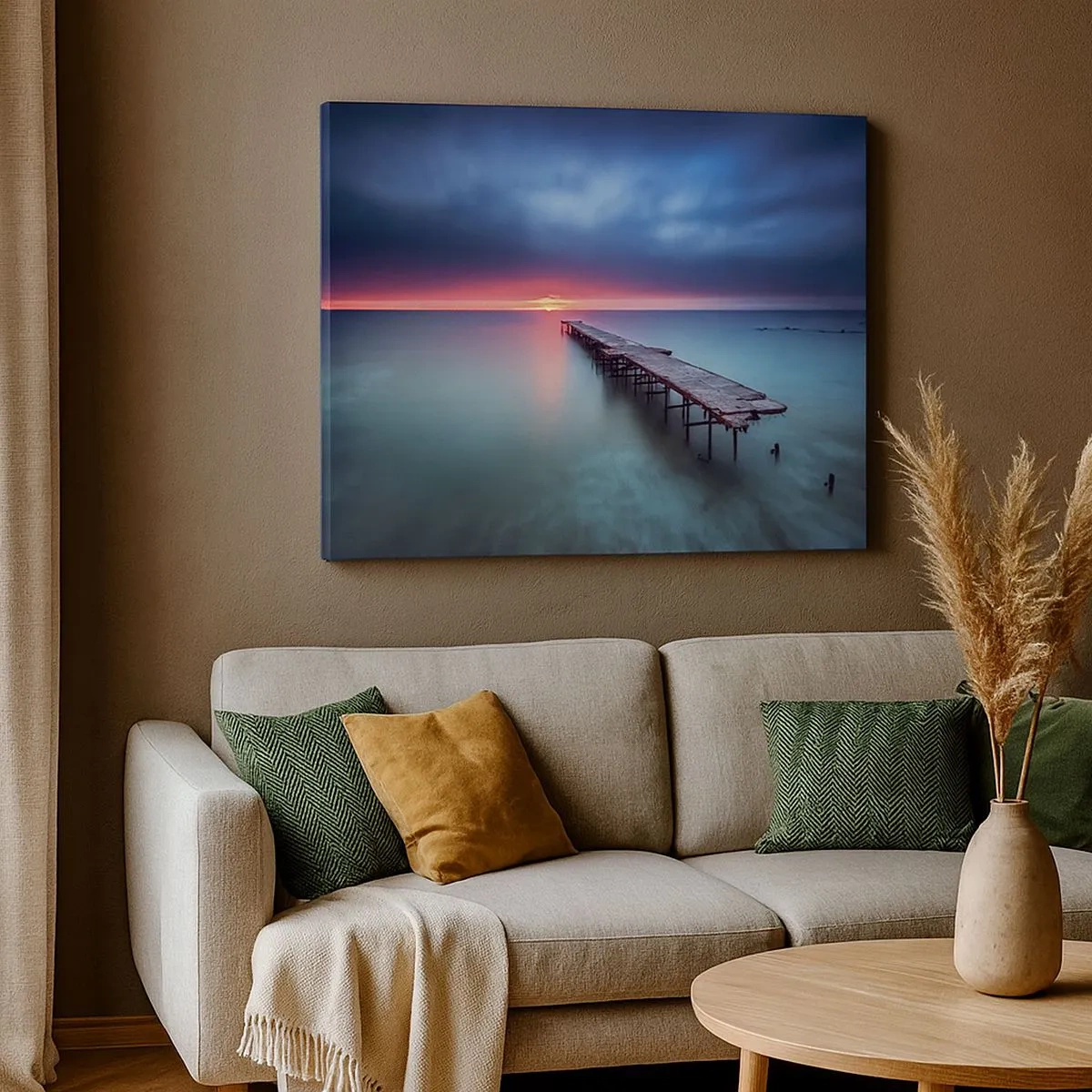 Schilderen op canvas - Een houten pier die bij zonsondergang rechtstreeks naar de zee leidt - 70x50cm - Tussen hemel en aarde - Moderne wanddecoratie voor woonkamer en slaapkamer ARTTOR