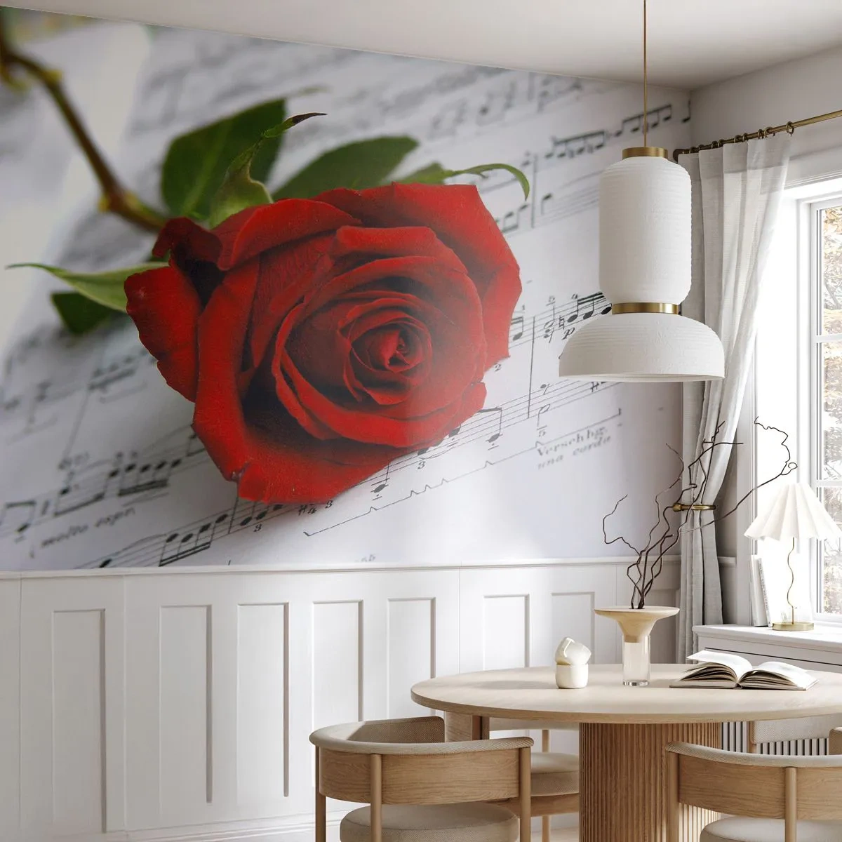 Fotobehang Standard Eco - Muziek van gevoelens in scharlaken - Bloemen, Roos, Muziek - 250x175 cm