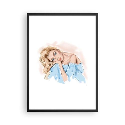 Poster in een zwarte lijst - Een subtiel portret van een vrouw in delicate kleuren - 50x70cm - Dromerig in het blauw - Moderne wanddecoratie voor woonkamer en slaapkamer ARTTOR