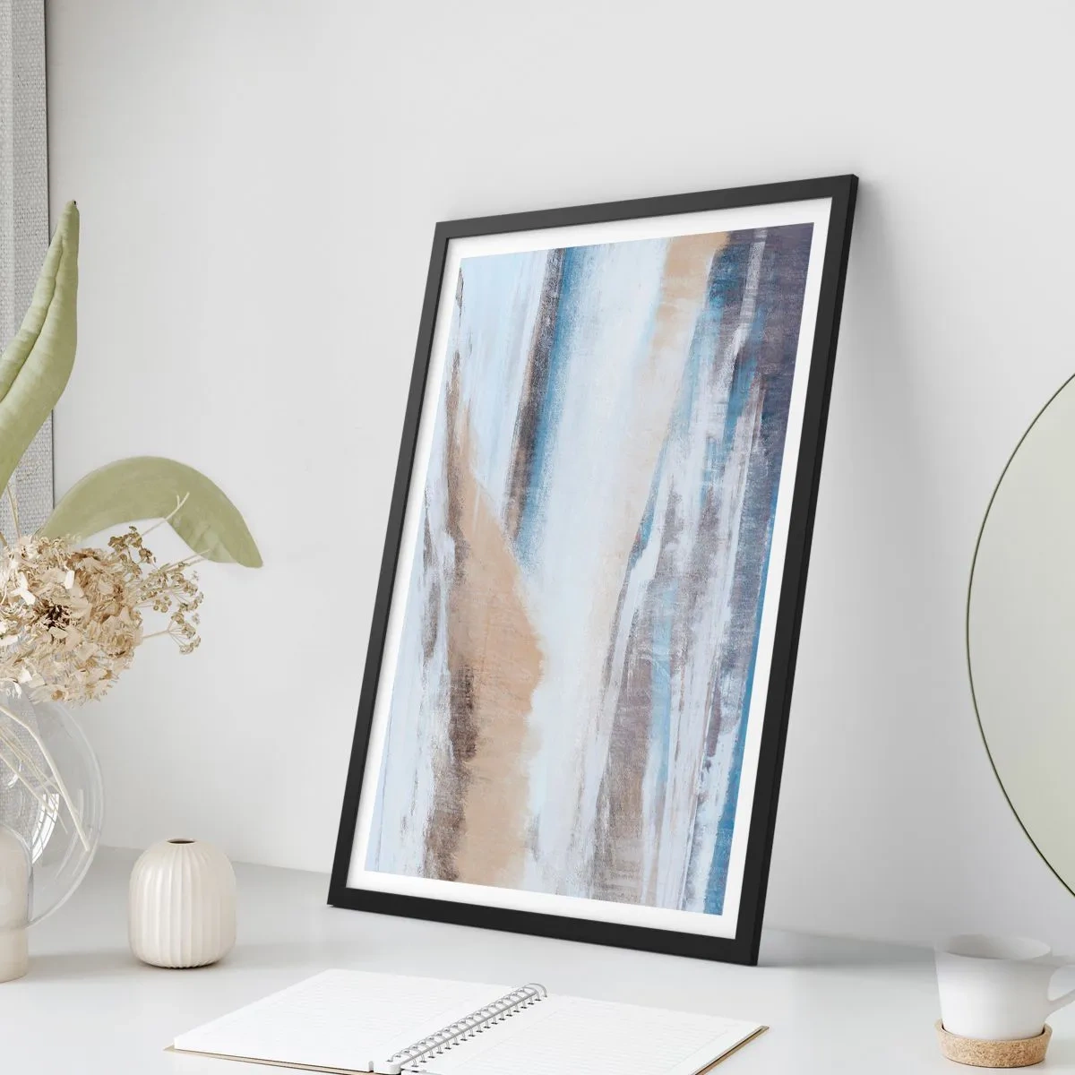 Poster in een zwarte lijst - Abstracte compositie in tinten blauw en beige - 50x70cm - Winterse compositie - Moderne wanddecoratie voor woonkamer en slaapkamer ARTTOR