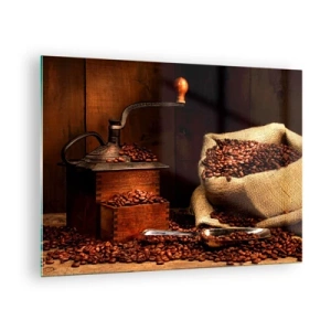 Schilderen op glas - Een oude koffiemolen met bonen en een zak koffie - 70x50cm - Stilleven met koffiebonen en een molen - Moderne wanddecoratie voor woonkamer en slaapkamer ARTTOR