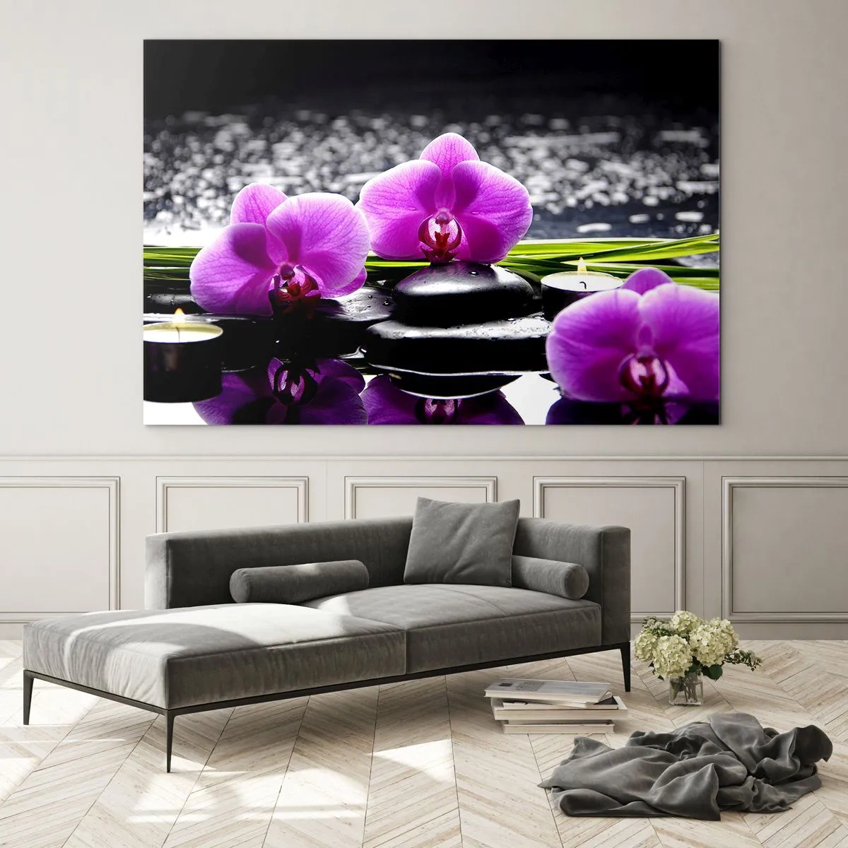 Schilderen op glas - Paarse orchideeën met stenen en kaarsen tegen een waterachtergrond - 70x50cm - Verdrinken in rust en stilte  - Moderne wanddecoratie voor woonkamer en slaapkamer ARTTOR