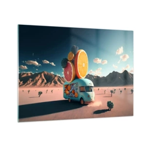 Schilderen op glas - Een turquoise camper met fruit tegen een woestijnlandschap - 70x50cm - De smaak van vakantie - Moderne wanddecoratie voor woonkamer en slaapkamer ARTTOR