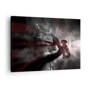 Schilderen op canvas - Saxofonist in rook op het podium in atmosferisch zwart en rood - 70x50cm - In de dampen van jazz - Moderne wanddecoratie voor woonkamer en slaapkamer ARTTOR