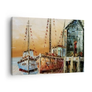 Schilderen op canvas - Boten aan de kust in het warme licht van de zonsondergang - 70x50cm - Een vreedzame terugkeer - Moderne wanddecoratie voor woonkamer en slaapkamer ARTTOR