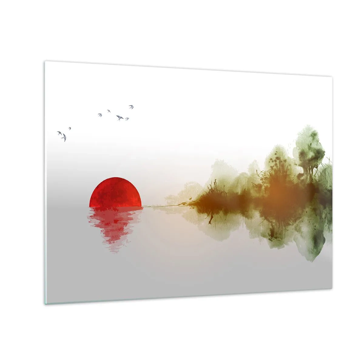 Schilderen op glas - Rode zon over het water en de contouren van het bos - 70x50cm - Een belofte van vrede - Moderne wanddecoratie voor woonkamer en slaapkamer ARTTOR