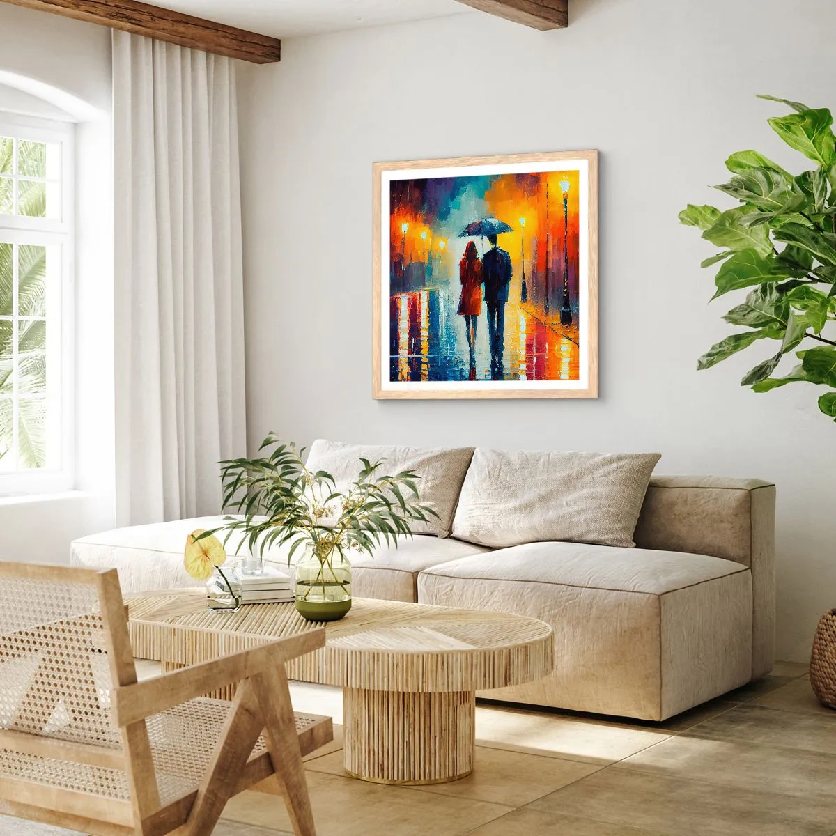 Een poster in een licht eiken lijst - Samen – een kleurrijke nacht - 40x40 cm