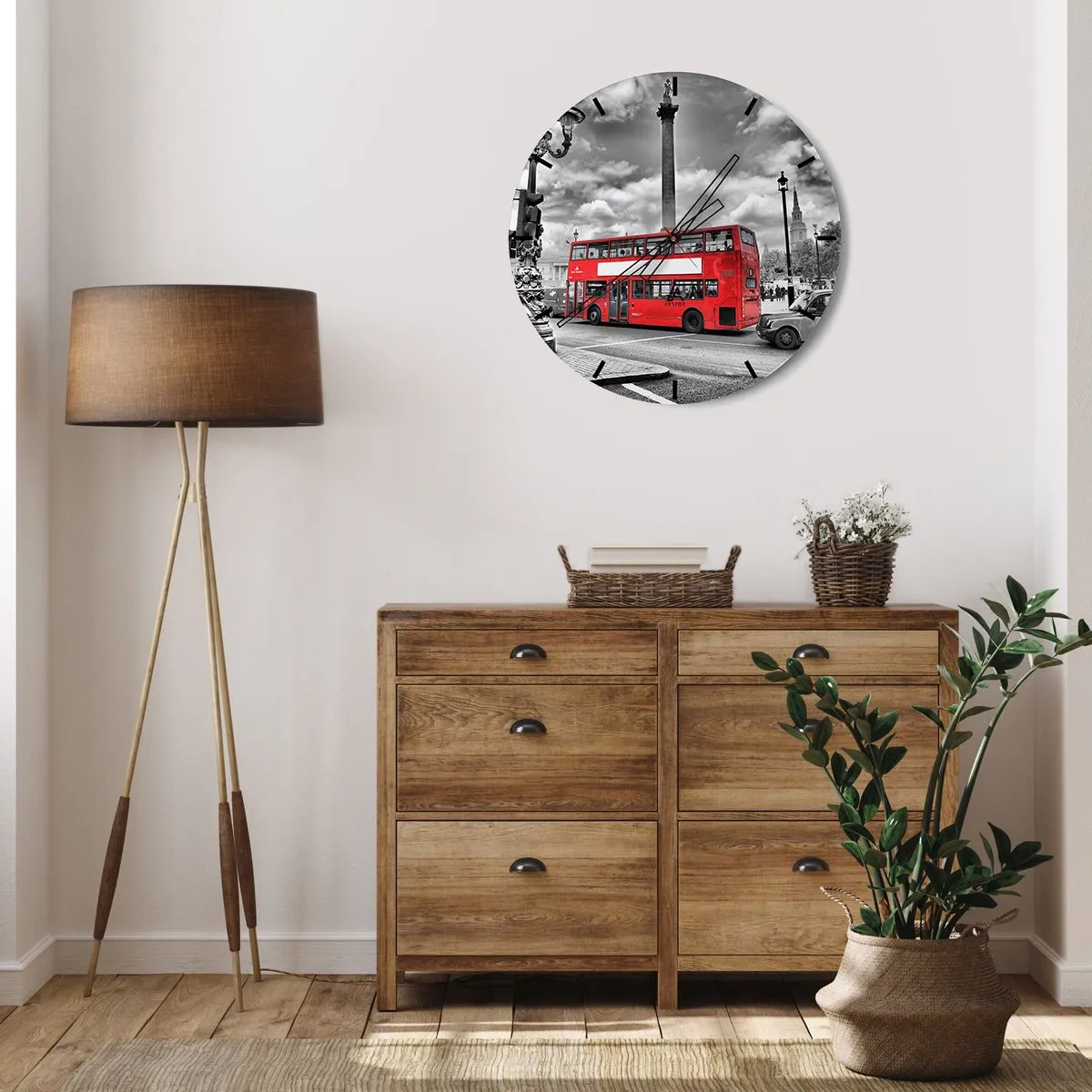 Wandklok - Klok - Een rode dubbeldekkerbus tegen de achtergrond van de skyline van Londen - 30x30cm - De echte bloedbaan van de stad - Moderne wanddecoratie voor woonkamer, keuken en slaapkamer ARTTOR