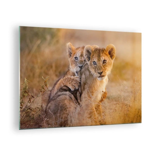 Schilderen op glas - Twee jonge leeuwenwelpen in een natuurlijke savanneomgeving - 70x50cm - Niet storen! We hebben plezier - Moderne wanddecoratie voor woonkamer en slaapkamer ARTTOR