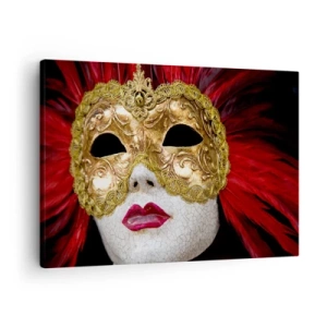 Schilderen op canvas - Gouden Venetiaans masker met rode veren - 70x50cm - De belofte van een carnavalsavontuur - Moderne wanddecoratie voor woonkamer en slaapkamer ARTTOR