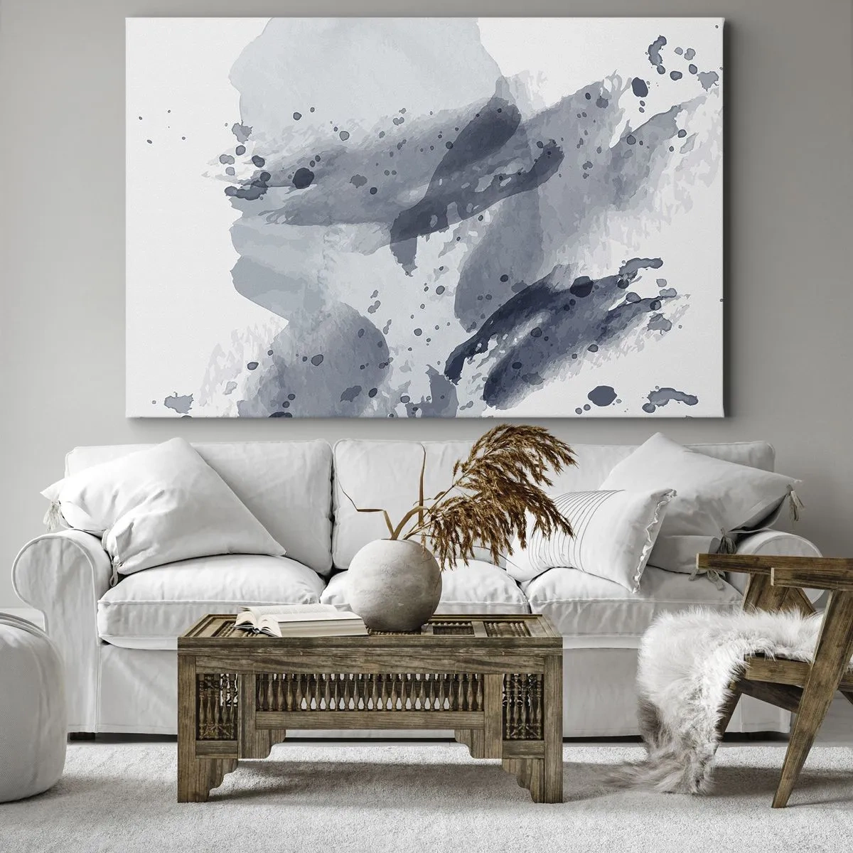 Schilderen op canvas - Abstracte vlekken in blauwtinten op een lichte achtergrond - 70x50cm - Een onderzoek naar de aard van water - Moderne wanddecoratie voor woonkamer en slaapkamer ARTTOR