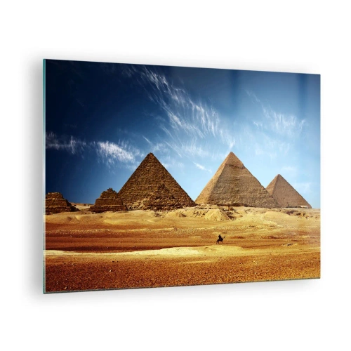 Schilderen op glas - De piramides van Gizeh tegen de blauwe lucht - 70x50cm - 40 eeuwen kijken naar je - Moderne wanddecoratie voor woonkamer en slaapkamer ARTTOR