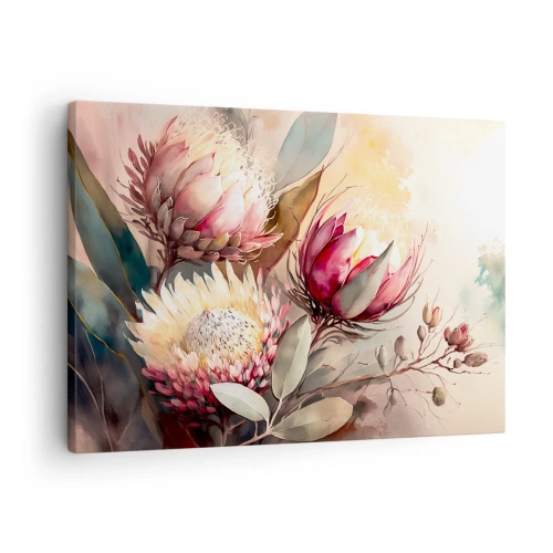 Schilderen op canvas - Protea-bloemen in delicate pasteltinten - 70x50cm - In profiel en en face - Moderne wanddecoratie voor woonkamer en slaapkamer ARTTOR