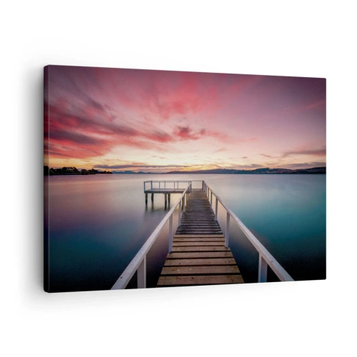 Schilderen op canvas - Een steiger die naar een rustig meer leidt bij zonsondergang - 70x50cm - De zachte vlam van de avond - Moderne wanddecoratie voor woonkamer en slaapkamer ARTTOR
