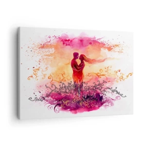 Schilderen op canvas - Een paar dat elkaar omhelst tegen een abstract roze en oranje patroon - 70x50cm - Een hart! Ik heb zo weinig nodig... - Moderne wanddecoratie voor woonkamer en slaapkamer ARTTOR