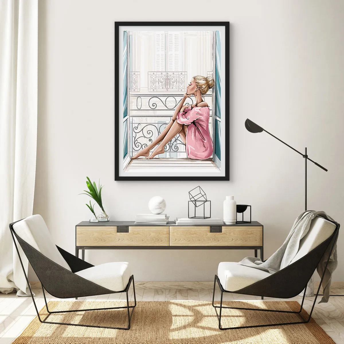 Poster in een zwarte lijst - Een vrouw in een roze badjas zittend op een balkon - 50x70cm - Parijs ochtend - Moderne wanddecoratie voor woonkamer en slaapkamer ARTTOR
