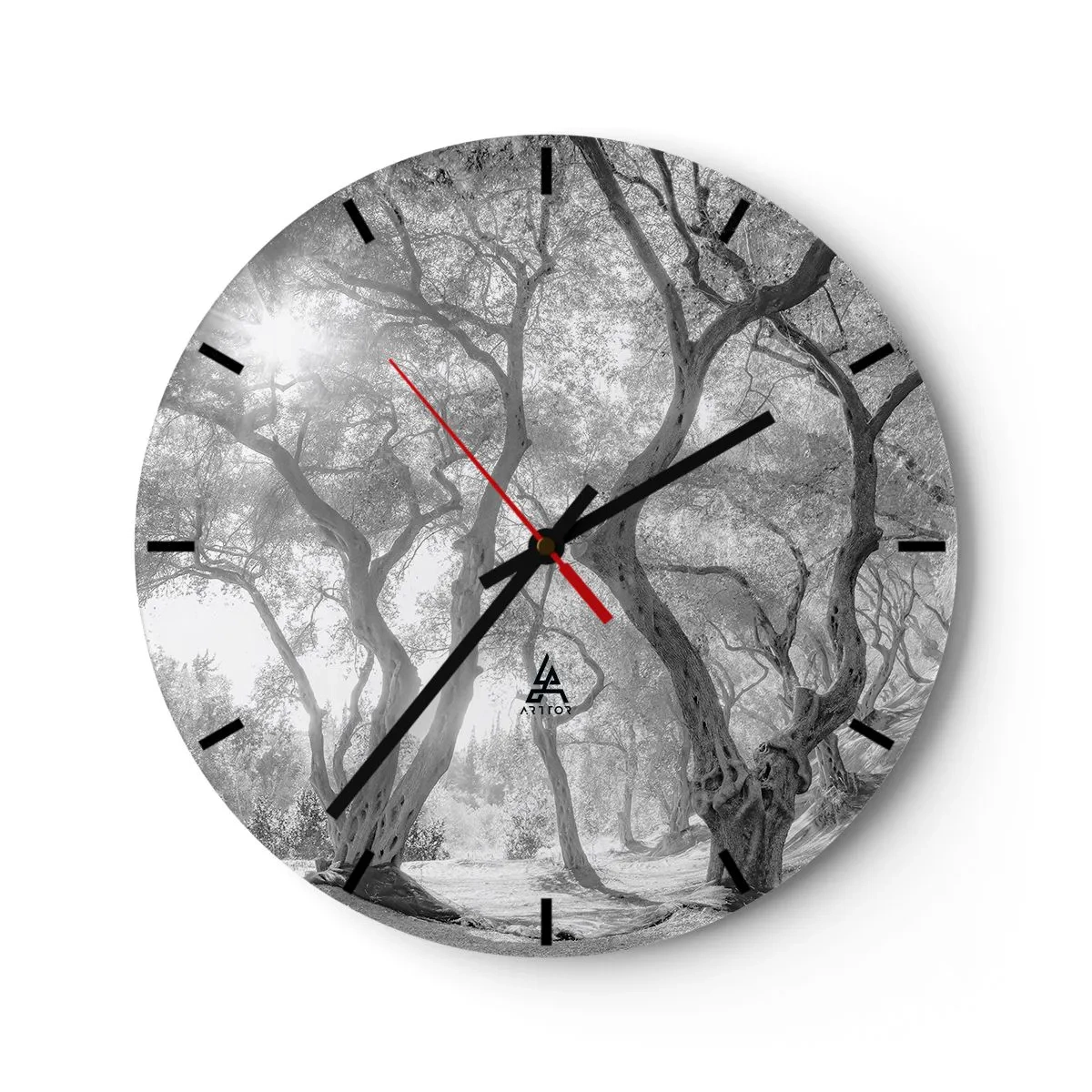 Wandklok - Klok - Zwart-witte bomen in het zonlicht in het bos - 30x30cm - In de olijfboomgaard - Moderne wanddecoratie voor woonkamer, keuken en slaapkamer ARTTOR